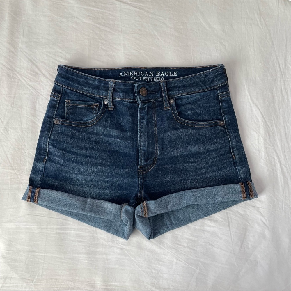 american eagle outfitters super high rise shortie dark wash shorts